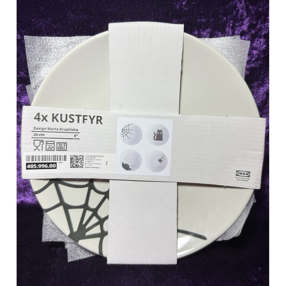 Ikea Kustfyr Plate Set Halloween 8" White Ceramic Cat Ghost Spider Salad Dessert